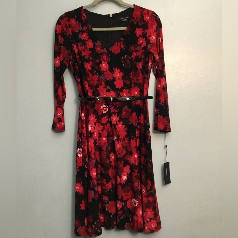 Tommy Hilfiger Red and Black Belted Floral Long Sleeve Dress, Size 4 NWT